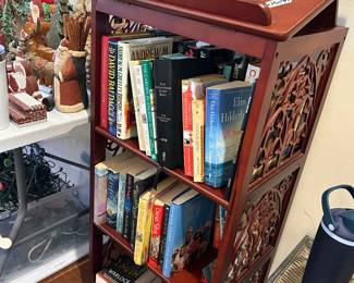 #33 wood podium bookcase as is finish 20x15x44 $75.00