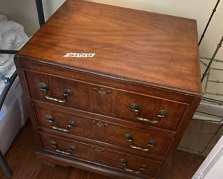 #53 Burl wood 3 drawer end table 20x17x24 $120.00