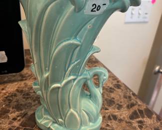#127 McCoy pottery turquoise swan vase 9" $20.00