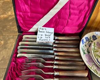 #156 1970s Baron Solinger 6 piece knife, 6 piece folk stainless and bone set $50.00