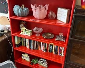 #47 Red barrister bookcase without doors, 5 sections 34x12x60 (as-is painted some finish issues) $75.00