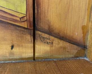 #203 Handmade and painted and signed wood hanging storage and shelf with 2 drawers 12.5x6x16 $25.00