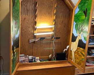 #11 Gun cabinet custom made with stained glass front, 7 gun racks, lighted, lock with key, 1 drawer 69x19x88 $1,125.00