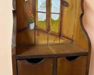 #203 Handmade and painted and signed wood hanging storage and shelf with 2 drawers 12.5x6x16 $25.00