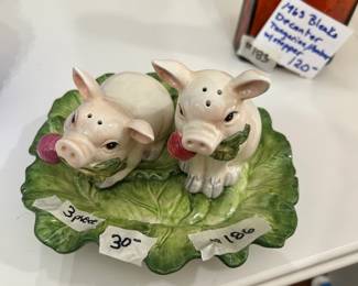 #186 Fitz and Floyd pig salt and pepper shakers on lettuce dish $30.00