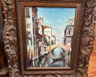 #245 Painting Gondola in Venice on gold etched frame oil painting $125.00