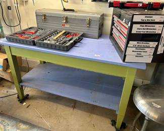 #212 Wood work table painted 54x27x32 $125.00