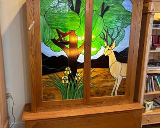 #11 Gun cabinet custom made with stained glass front, 7 gun racks, lighted, lock with key, 1 drawer 69x19x88 $1,125.00