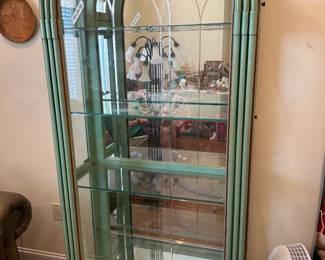 #25 Pulaski Furniture wood and etched glass display cabinet, sea green, lights up, 35x14x82 $250.00