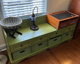 #42 Green laminate bench with 4 drawers and 4 basket cubbies (with baskets) 60x17x24 $150.00