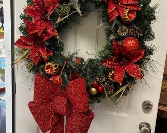 #202 Large Lit Christmas Wreath 29" round Red Bow 27" long $35.00