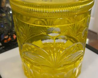 #111 Czech cut glass biscuit jar yellow 7" $50.00