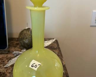 #126 Vaseline glass round bottomed flask with stopper 11" $60.00