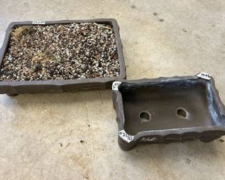 #240 Pair clay bonsai shallow pots with carvings 10x6 14x10 $30.00