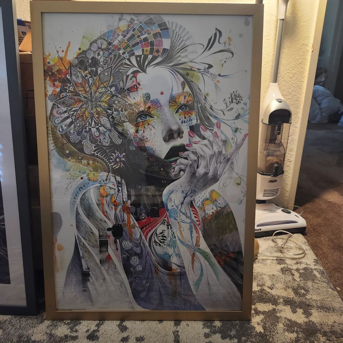 This framed wall art is "Circulation" by Minjae Lee, featuring a vibrant, colorful portrait of a woman adorned with intricate floral and abstract patterns. 