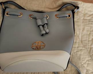 This is a light blue and white colorblock bucket bag by Badgley Mischka New York from the Rae collection, featuring gold-tone hardware and a drawstring closure