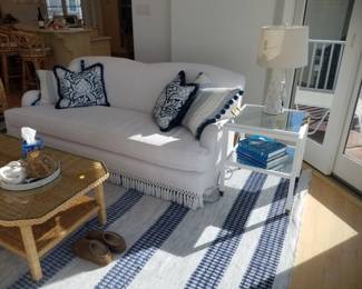Serena & Lily Miramar English roll sofa; end table; table lamp
