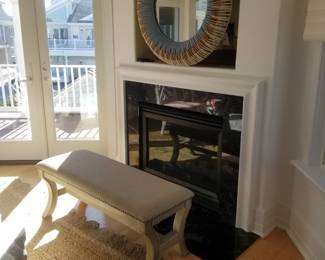 Upholstered bench; Jaime Young Native beaded mirror in Natural/Blue - large