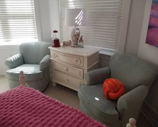 Cozy arm chiars; three drawer dresser by Stanley Furniture