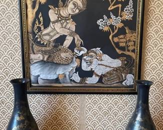 Asian Silk Art Black Lacquer Vases