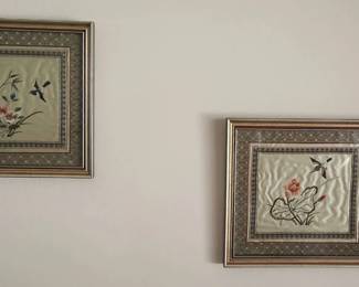 Vintage Framed Chinese Silk Lotus Flowrs and Bird