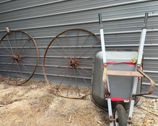 Antique Wagon Wheels and wheel barrow 