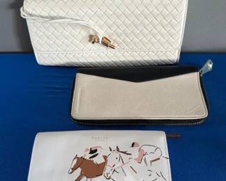 White clutch with long handle, Aimee small bag and Radley wallet.