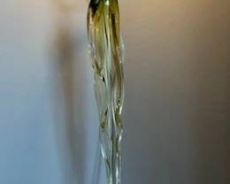 Hand-blown art glass sculpture featuring a twisted jalapeno with shades of green, amber, and clear glass, signed by artist.