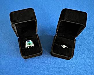 Domed silver band featuring a channel inlay of turquoise and abalone stone segments, and Sterling silver insect motif turquoise ring.