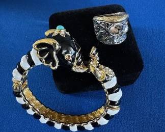Vintage enamel bracelet with elephant bangle and Sterling silver Poetic Melange Convergence band.