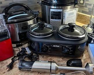 Cosori Premium 8 quart Pressure cooker, double food warmer, crock pot, and stainless steel immersion blender.