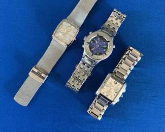 Skagen ladies watch, Platinum Aviation watch, and Esq Swiss watch.
