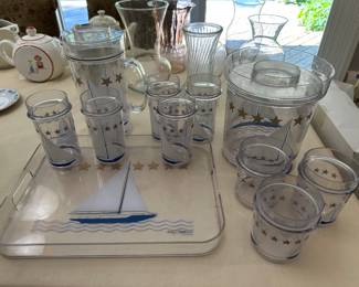 Vintage Edgar Watkins for Thermo Serv sailboat pitcher, ice bucket, tray and tumblers