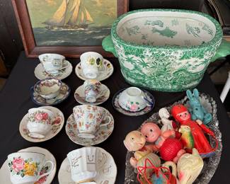 Painting, Cups & Saucers, Celluloid Figures, Green & White Planter