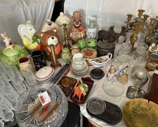 Vintage Cookie Jars, Brass Candle Holders, Kaleidoscope, Cut Glass Bowls