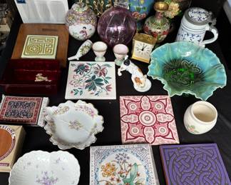 Cloisonne Vases, Trivets, Tiles, Blue Onion Stein, Opalescent Bowl