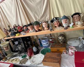 Royal Doulton Toby Mugs & Figures, Wooden Boxes, Colored Glass Candle Sticks