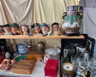 Large Asian Vase, Royal Doulton Toby Mugs, Wooden Boxes, Decanters