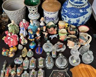 Royal Doulton Fiqures & Small Toby Mugs, Scent Bottles, Blue & White Ginger Jar, McCoy Pot, Blue Onion Wall Mounted Salt Box, Bohemian White / Green Cut Cased Glass Vase