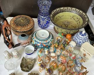 Cobalt Cut to Clear Vase, Beatrix Potter Figurines, Bass Cat Trinket Dish, Heavy Brass Fengshui Dragon Figure