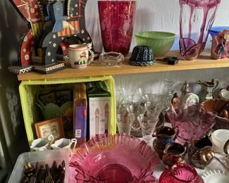 Vintage Rosewood & Brass Flatware, Cranberry Glass, Folk Art Candle Holders, Etched Glasses