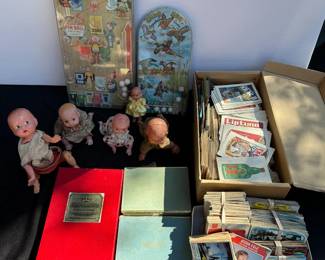 Fun Vintage Games, Mechanical Wind Up Baby Dolls, Box Lot of Vintage Crazy Labels Cards, Box Lot of Vintage Star Wars Cards, Tiffany Playing Cards