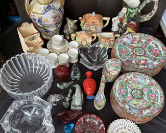 Nippon Vase, Daum France Crystal Cigar Ashtray, Wedgwood Demitasse / Espresso Cups & Saucers, Soapstone Figures, Chinese Famille Rose Medallion Plates / Dishes