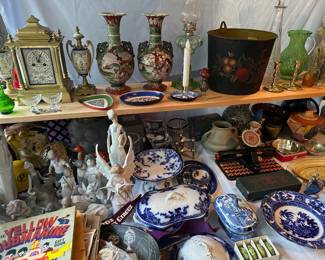 Clocks, Asian Vases, Toleware Bucket, Blue & White China