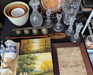 Mixing Bowls, Wall Coffee Grinder, Paintings, Old Sampler, Candle Holders, Door Bells