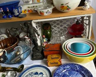 Fire King "Gay Fad", Pyrex Primary Mixing Bowls, Fishing Reels, Blue & White Plates
