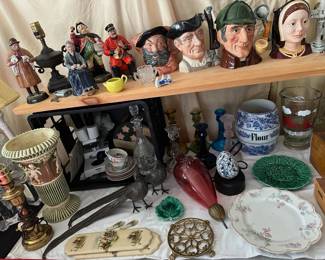 Royal Doulton Toby Mugs & Figures, Wooden Boxes, Colored Glass Candle Sticks, Roseville Vase, Metal Pheasants