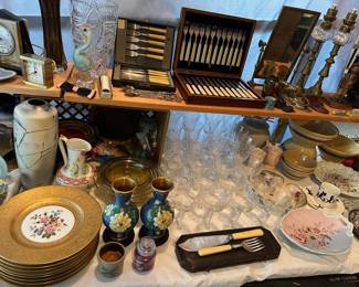 Etched Stemware, Flatware, Cloisonne Vases, Heavy Gold Trimmed Plates
