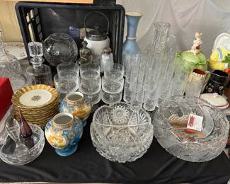 Rosenthal Stemware "Romance" Pattern, Cut Glass Bowls, Limoges Vase, Biscuit Jar, Limoges Plates w/ Heavy Gold Trim