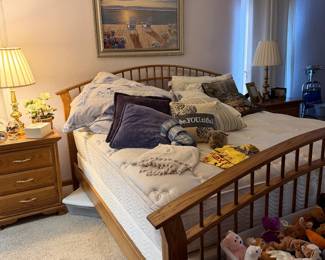 Oak king-size bed with mattress and boxspring
